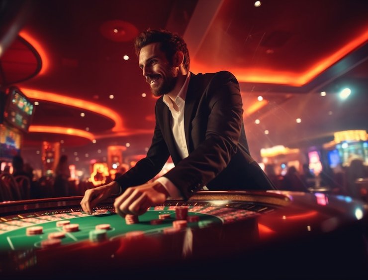 Live dealer studio with professional croupier and gaming table setup